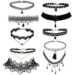 Trasfit 10 Pieces Lace Choker Necklace for Women Girls, Black Classic Velvet Stretch Punk Gothic Tattoo Lace (Style #1)