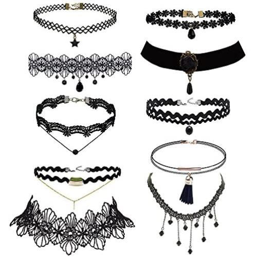 Trasfit 10 Pieces Lace Choker Necklace for Women Girls, Black Classic Velvet Stretch Punk Gothic Tattoo Lace (Style #1)