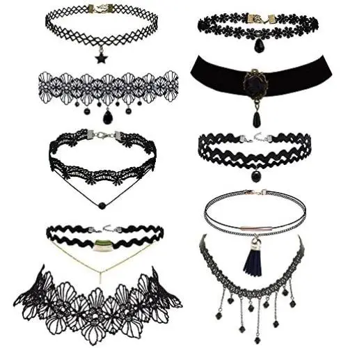 Trasfit 10 Pieces Lace Choker Necklace for Women Girls, Black Classic Velvet Stretch Punk Gothic Tattoo Lace (Style #1) Trasfit 10 Pieces Lace Choker Necklace for Women Girls, Black Classic Velvet Stretch Punk Gothic Tattoo Lace (Style #1)