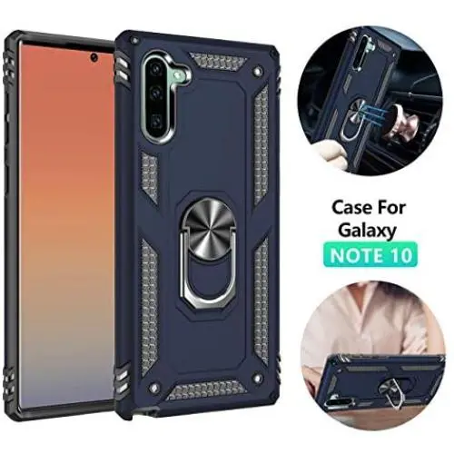 Note 10 Case with Kickstand and Metal Back Compatible with Samsung Galaxy Note 10 Cases Kick Stand Ring Magnetic Car Mount Metal Plate Back Full Body Protection Shockproof Ultra Slim (Blue, Note 10)