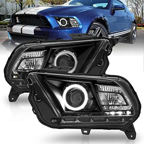 AmeriLite for 2010-2014 Ford Mustang Halogen Model Black Xtreme LED Halo Projector Replacement Headlights Pair - Passenger and Driver Side AmeriLite for 2010-2014 Ford Mustang Halogen Model Black Xtreme LED Halo Projector Replacement Headlights Pair - Passenger and Driver Side