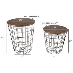 Lavish Home 80-ENDTBL-2 (Set of 2) Nesting End Storage Convertible Round Metal Basket Wood Veneer Top Accent Side Tables, Dark Brown