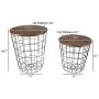 Lavish Home 80-ENDTBL-2 (Set of 2) Nesting End Storage Convertible Round Metal Basket Wood Veneer Top Accent Side Tables, Dark Brown