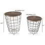Lavish Home 80-ENDTBL-2 (Set of 2) Nesting End Storage Convertible Round Metal Basket Wood Veneer Top Accent Side Tables, Dark Brown