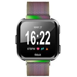 MEFEO Compatible with Fitbit Versa Bands, Stainless Steel Metal Band Mesh Bracelet with Strong Magnet Lock Wristbands Replacement for Fitbit Versa/Versa 2/Versa Lite/SE (Colorful, Small)