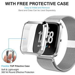 Maxjoy Compatible with Fitbit Versa Bands, Versa 2 Stainless Steel Metal Band Mesh Replacement Bracelet Wristband with Protective Case Compatible with Fitbit Versa 2 1 Watch, Silver