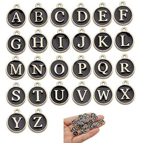 2 Sets(52pcs) Black Cute Mixed Letter Beads Metal Letter Charms Enamel Initial Charms Wholesale Double Sided Alphabet Charms for Necklace and Bracelet Making Craft Supplier (HM452)