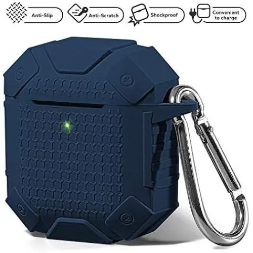 AirPods Case Accessories Kit [Front LED Visible], GMYLE Silicone Heavy Duty Armor Protective Shockproof Airpod Cover Skin with Keychain, Ear Hook, Magnetic Strap for Apple AirPod 1 & 2 – Navy Blue