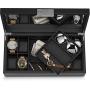 Glenor Co Watch and Sunglasses Box with Valet Tray for Men -14 Slot Luxury Display Case Organizer, Black Carbon Fiber Design for Mens Jewelry Watches, Mens Storage Holder w Large Mirror, Metal Buckle