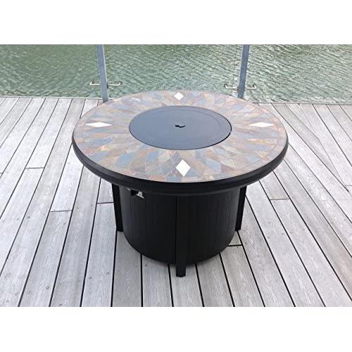 Pebble Lane Living Exclusive Natural Slate Top Outdoor Fire Pit with Metal Cover & 50,000 BTU Burner, Rust Resistant Powder Coating, Lava Rocks Included, Sleek Bronze Frame, 42'' W x 27.5'' H