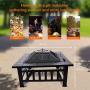 32 Outdoor Fire Pit Metal Square Firepit Patio Stove Wood Burning BBQ Grill Fire Pit Bowl with Spark Screen Cover, Log Grate, Poker for Backyard Garden Camping Picnic