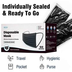 WeCare Individually Wrapped Disposable Face Masks - 50 Pack, Black -Soft on Skin - 3 Ply Protectors with Elastic Earloops - Latex Free, Non Woven, Single Use - Effective Filtration - Retail Packaging