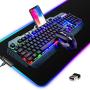 Wireless Gaming Keyboard and Mouse Combo,3 in 1 Rainbow LED Rechargeable Keyboard Mouse with 3800mAh Battery Metal Panel,10 Colors RGB Gaming Mouse Pad (32.5x12x0.15 inch),7 Colors Mute Gaming Mouse