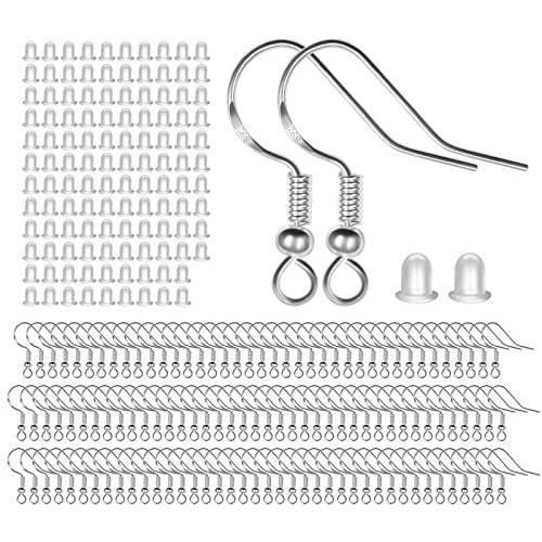 925 Sterling Silver Earring Hooks 120 PCS/60 Pairs, Ear Wires Fish Hooks, Hypo-allergenic Jewelry Findings Parts with 120 PCS Clear Silicone Earring Backs Stoppers for DIY Jewelry Making