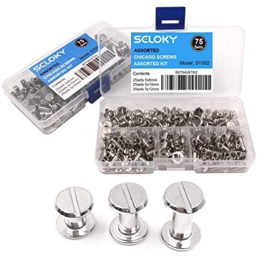 Seloky 75 Sets Silvery Chicago Screws Assorted Kit 1/4 3/8 1/2 Inches Screw Posts Metal Accessories Nail Rivet Chicago Button for DIY Leather Decoration Bookbinding Round Flat Head Stud Screw