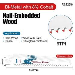 EZARC Reciprocating Saw Blade Bi-Metal Cobalt Sabre Saw Blades for Wood Demolition 6-Inch 6TPI R622DH (5-Pack)