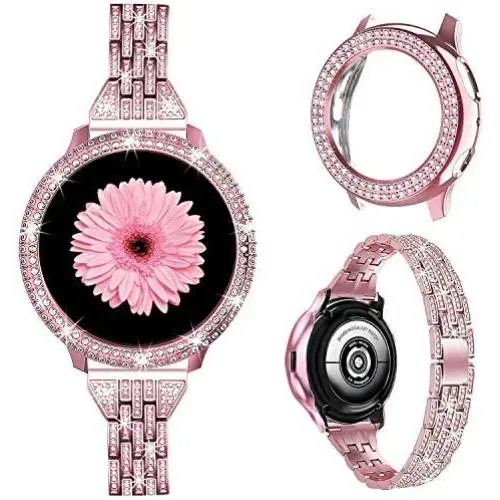 Mosonio Compatible with Galaxy Active 2 Watch Band with Case Women, Jewelry Replacement Metal Wristband Strap with Bling PC Protective Cover for Samsung Active 2 Watch Band(Pink, 40mm) Mosonio Compatible with Galaxy Active 2 Watch Band with Case Women, Jewelry Replacement Metal Wristband Strap with Bling PC Protective Cover for Samsung Active 2 Watch Band(Pink, 40mm)