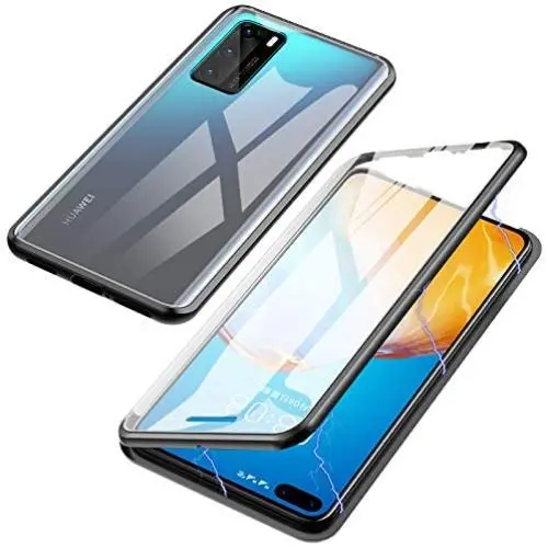 Jonwelsy Magnetic Adsorption Case for Huawei P40 Pro, 360 Degree Front and Back Clear Tempered Glass Flip Cover, Metal Bumper Frame for Huawei P40 Pro (Black)