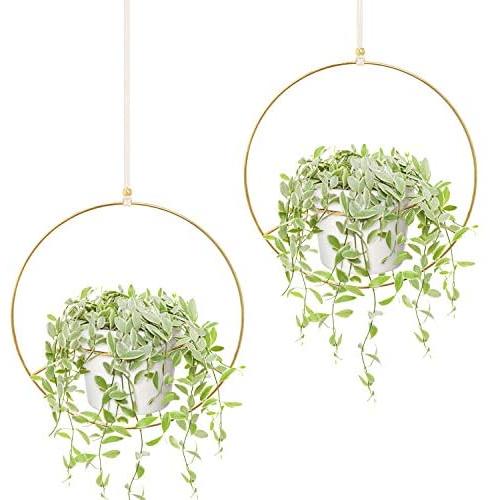Mkono Boho Hanging Planter, Set of 2 Round Metal Plant Hanger with Plastic Plant Pot, Modern Wall and Ceiling Planter Mid Century Flower Pot Holder, Fits 6 Inch Planter (Plastic Pots Included), Gold