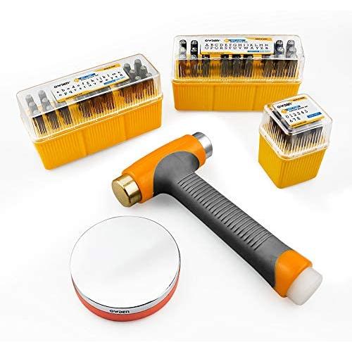 OWDEN Jewelry Metal Stamps Set for Jewelry Making,Size:(1/8'',3mm) 2 Sets Art Font Letter Punch Set (Uppercase and Lowercase) with 1 Set Number Punch Set,1Pc Hammer and 1Pc Steel Bench Block