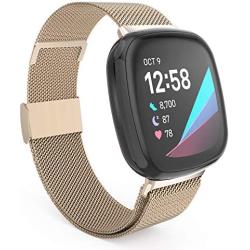 HAYUL Bands Compatible with Fitbit Versa 3/Fitbit Sense for Women Men, Stainless Steel Metal Replacement Mesh Bracelet Strap Wristbands for Fitbit Versa 3/Sense Smart Watch (Large, Champagne Gold)