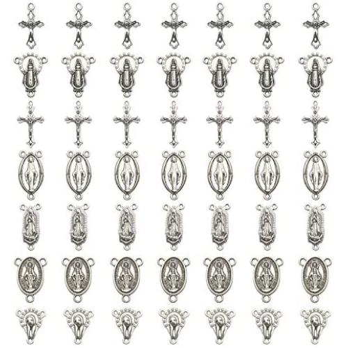 60pcs Antique Silver Tibetan Style Rosary Cross and Center Miraculous Medal with Alloy Crucifix Cross Pendants and Oval Chandelier Links for Rosary Holy Beads Necklace Making M154