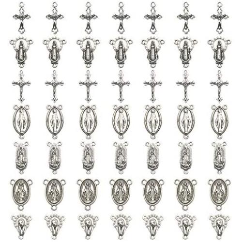 60pcs Antique Silver Tibetan Style Rosary Cross and Center Miraculous Medal with Alloy Crucifix Cross Pendants and Oval Chandelier Links for Rosary Holy Beads Necklace Making M154