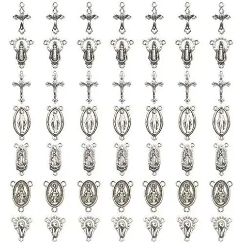 60pcs Antique Silver Tibetan Style Rosary Cross and Center Miraculous Medal with Alloy Crucifix Cross Pendants and Oval Chandelier Links for Rosary Holy Beads Necklace Making M154