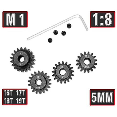 Mod 1 Pinion Gear 5mm Set Hardened 16T 17T 18T 19T, 4pcs Mod1 M1 Pitch Gears RC Upgrade Part with Hex Key