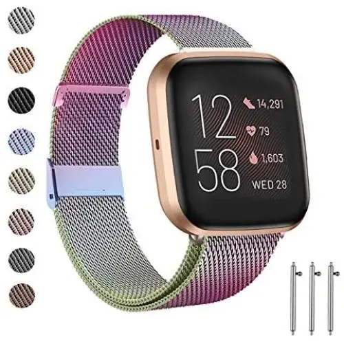malagu Metal Bands Compatible with Fitbit Versa/Versa Lite Edition/Versa 2, Small and Large Replacement Stainless Steel Metal Wristbands Women Men （Colorful Small）