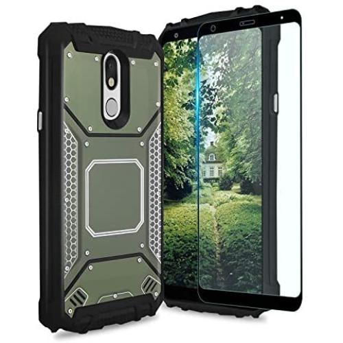 TJS Phone Case Compatible with LG Stylo 4 2018/Stylo 4 Plus/Q Stylus/Q Stylus Plus/Q Stylus Alpha, [Full Coverage Tempered Glass Screen Protector] Aluminum Magnetic Support Metal Plate Back (Green)
