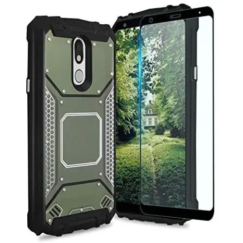 TJS Phone Case Compatible with LG Stylo 4 2018/Stylo 4 Plus/Q Stylus/Q Stylus Plus/Q Stylus Alpha, [Full Coverage Tempered Glass Screen Protector] Aluminum Magnetic Support Metal Plate Back (Green)