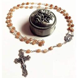 elegantmedical Handmade Orange Moonstone Beads Catholic 5 Decade Rosary Necklace Cross Crucifix & Metal Jewellery Box