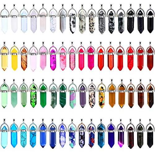 Bullet Shape Gemstone Pendant Hexagonal Chakra Crystal Pointed Quartz Pendants Artificial Stone with Storage Bag (64 Pieces)