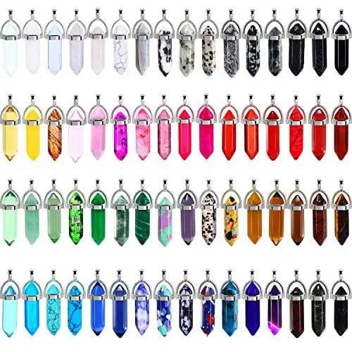 Bullet Shape Gemstone Pendant Hexagonal Chakra Crystal Pointed Quartz Pendants Artificial Stone with Storage Bag (64 Pieces)