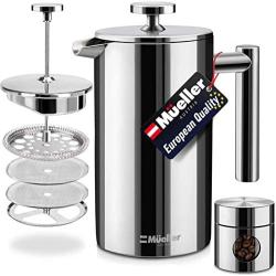 Mueller French Press Double Insulated 310 Stainless Steel Coffee Maker 4 Level Filtration System, No Coffee Grounds, Rust-Free, Dishwasher Safe