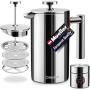 Mueller French Press Double Insulated 310 Stainless Steel Coffee Maker 4 Level Filtration System, No Coffee Grounds, Rust-Free, Dishwasher Safe