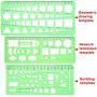 SIQUK 11 Pieces Geometric Drawings Templates Plastic Clear Green Plastic Rulers with 1 Pack Poly Zipper Envelopes for Studying, Designing and Building