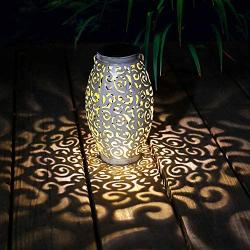 Solar Lantern Outdoor Hanging Decor Lanterns Decorative Garden Powered Decorations Patio Porch Lights Pathway Tabletop Lamps Table Light Outside Floor Moroccan Pathway Metal Yard 1 Pc (White)