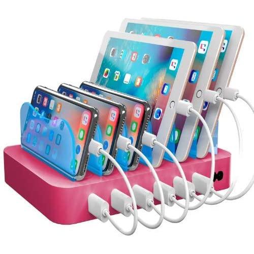 Hercules Tuff Charging Station for Multiple Devices, with 6 USB Fast Ports and 6 Short Mixed USB Cables Included for Cell Phones, Smart Phones, Tablets, and Other Electronics, Pink