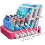 Hercules Tuff Charging Station for Multiple Devices, with 6 USB Fast Ports and 6 Short Mixed USB Cables Included for Cell Phones, Smart Phones, Tablets, and Other Electronics, Pink