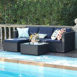 PHI VILLA Patio Sectional Wicker Rattan Small Outdoor Furniture Sofa Set with Upgrade Rattan (3 Piece,Blue)