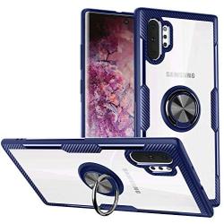 Galaxy Note 10+ Plus/Pro/5G Case,WATACHE Crystal Clear Carbon Fiber Design Armor Protective Case with 360 Degree Rotation Finger Ring Grip Holder Kickstand for Galaxy Note 10+/Plus,Blue