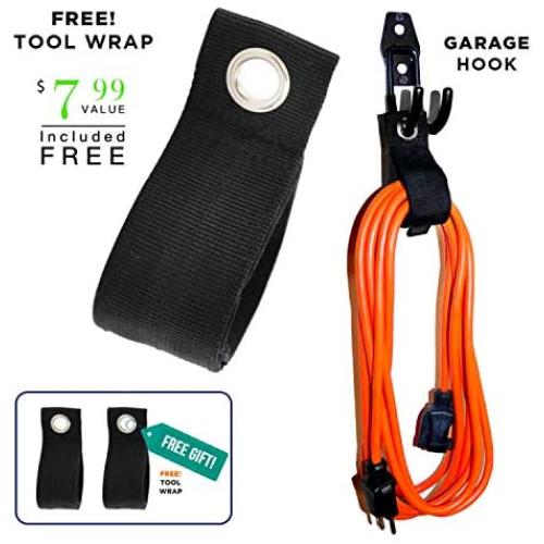 Garage Hooks, 12 Pack Wall Storage Hooks with 2 Extension Cord Storage Straps, Heavy Duty Tool Hangers for Utility Organizations, Wall Mount Holders for Garden Lawn Tools, Ladders, Bike (Black)
