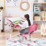 BABY JOY Kids Desk and Chair Set, Height Adjustable Child Desk Set w/Tilt Desktop, Pull Out Drawer Storage, Metal Hook, Multifunctional School Student Study Desk Chair for Boys & Girls (Pink)