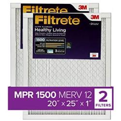 Filtrete 20x25x1, AC Furnace Air Filter, MPR 1500, Healthy Living Ultra Allergen, 2-Pack (exact dimensions 19.719 x 24.688 x 0.78)