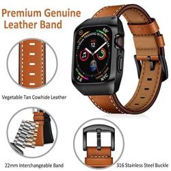 EloBeth 44mm Band Case Compatible with Apple Watch Band 44mm Series 6/5/4 & Apple Watch SE 44mm Bands, Genuine Leather Bands & Metal/PC Protective Case for iWatch Series 6/5/4/SE 44mm (Brown/Black)