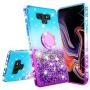 SOGA Rhinestone Glitter Bling Liquid Floating Quicksand Cute Phone Case Compatible for Samsung Galaxy Note 9 Case with Embedded Metal Ring for Magnetic Car Mounts Include Lanyard - Purple on Mint