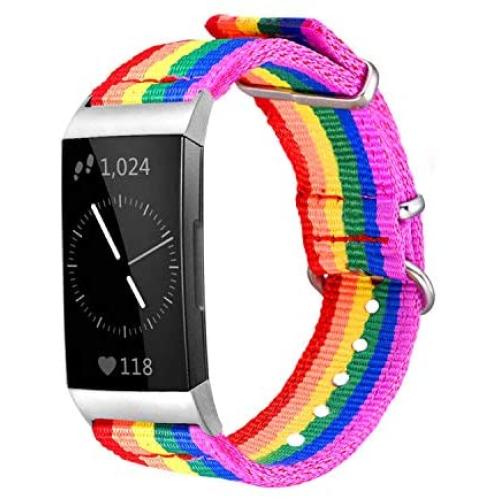 Bandmax Rainbow Bands Compatible Fitbit Charge 3 Smartwatch,LGBT Pride Nylon Charge 3 Watch Bands Durable Fitbit 3 Sport Replacement Straps Accessories with Adjustable Silver Metal Clasp(Small Size)