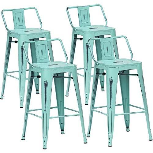 Aklaus 24 Inch Metal Bar Stools Set of 4 Counter Stools with Backs Counter Height Stools High Back Indoor Outdoor Bar Chairs Distressed Blue Barstools Green